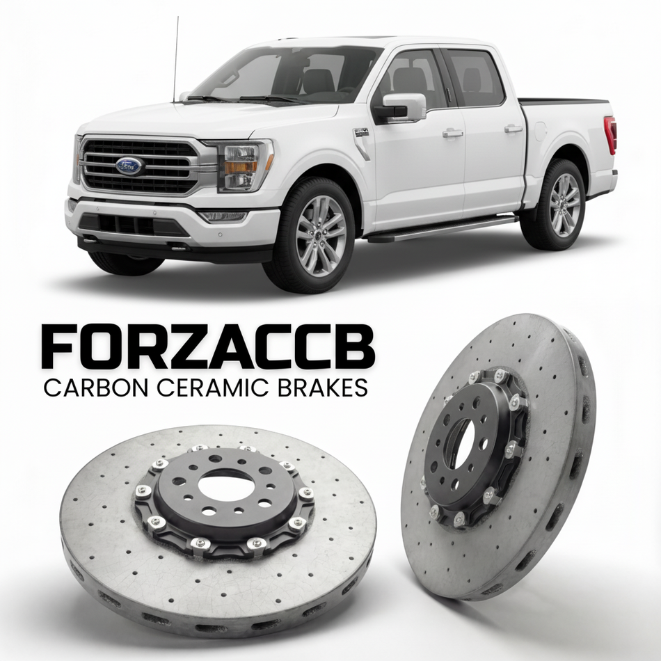 ForzaCCB direct OEM replacement carbon ceramic brake rotors for 2023+) Ford F-Series F-100/F-150 Ford F-Series F-150 XIV SuperCrew Long (facelift 2023 models, shown with a white Ford F-Series F-100/F-150 car.