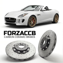 ForzaCCB direct OEM replacement carbon ceramic brake rotors for 2013 to 2017 Jaguar F-type Convertible models, shown with a white Jaguar F-type car.