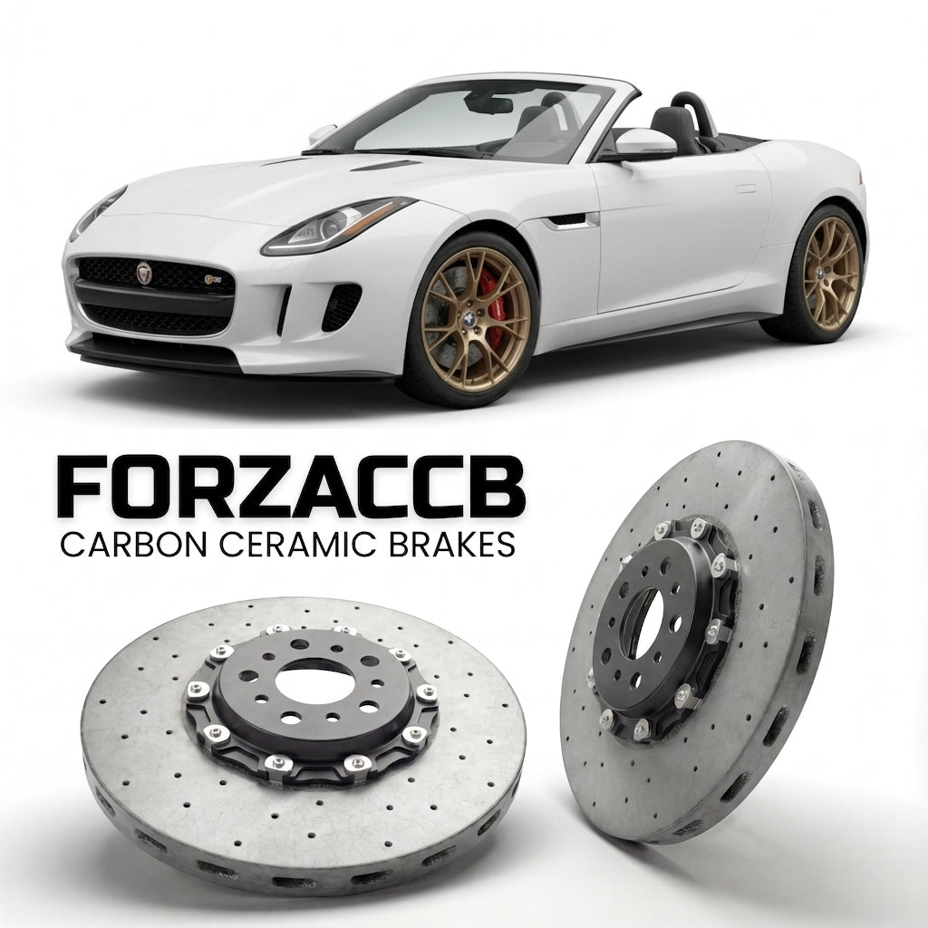 ForzaCCB direct OEM replacement carbon ceramic brake rotors for 2013 to 2017 Jaguar F-type Convertible models, shown with a white Jaguar F-type car.