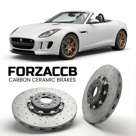 ForzaCCB direct OEM replacement carbon ceramic brake rotors for 2013 to 2017 Jaguar F-type Convertible models, shown with a white Jaguar F-type car.