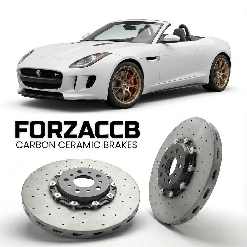 ForzaCCB direct OEM replacement carbon ceramic brake rotors for 2013 to 2017 Jaguar F-type Convertible models, shown with a white Jaguar F-type car.