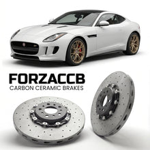 ForzaCCB direct OEM replacement carbon ceramic brake rotors for 2014 to 2017 Jaguar F-type Coupe models, shown with a white Jaguar F-type car.