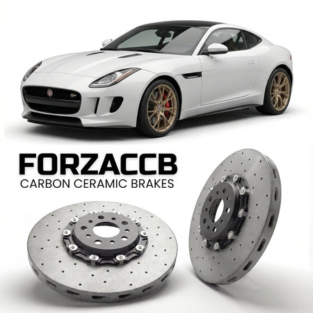 ForzaCCB direct OEM replacement carbon ceramic brake rotors for 2014 to 2017 Jaguar F-type Coupe models, shown with a white Jaguar F-type car.