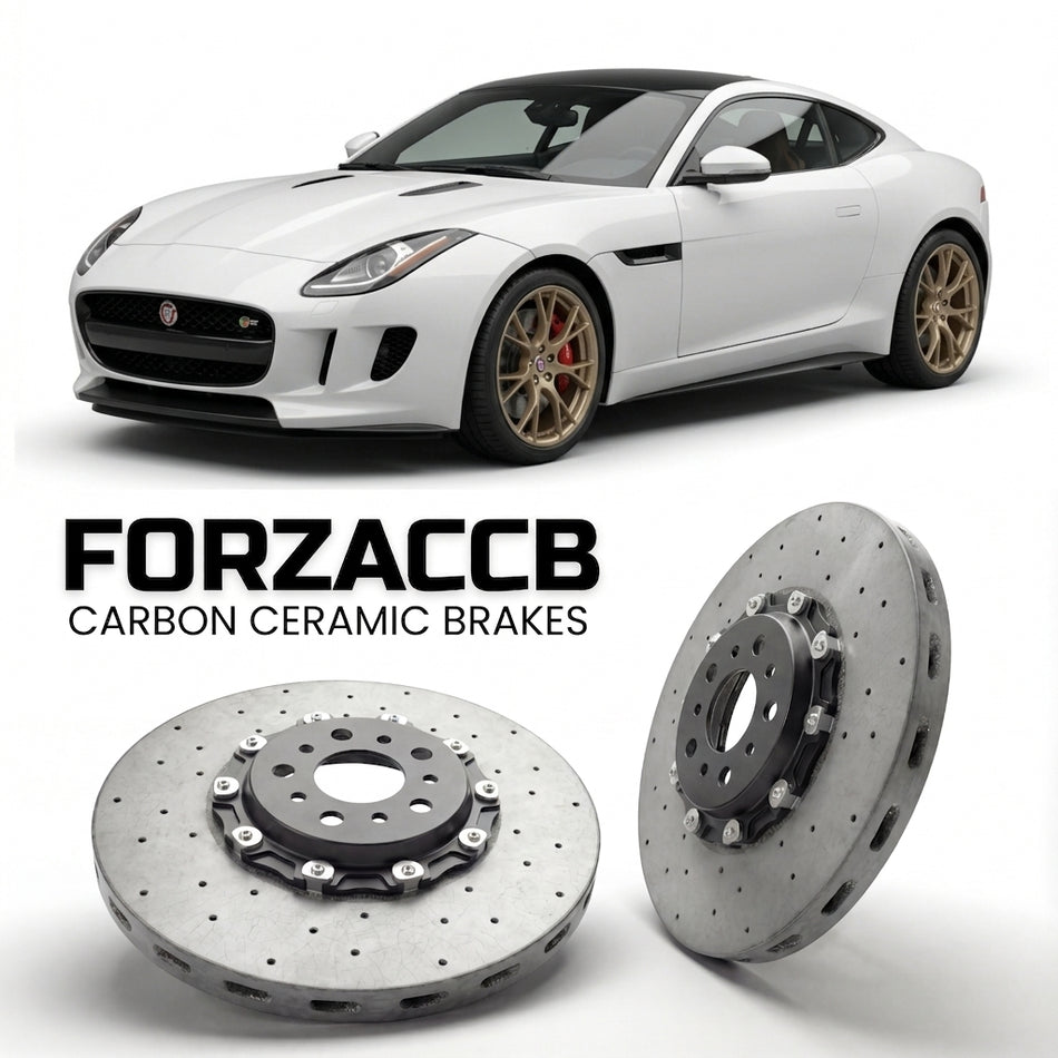 ForzaCCB direct OEM replacement carbon ceramic brake rotors for 2014 to 2017 Jaguar F-type Coupe models, shown with a white Jaguar F-type car.
