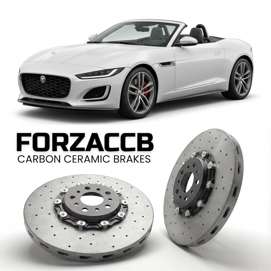 ForzaCCB direct OEM replacement carbon ceramic brake rotors for 2017-2020) Jaguar F-type Convertible (facelift 2017 models, shown with a white Jaguar F-type car.