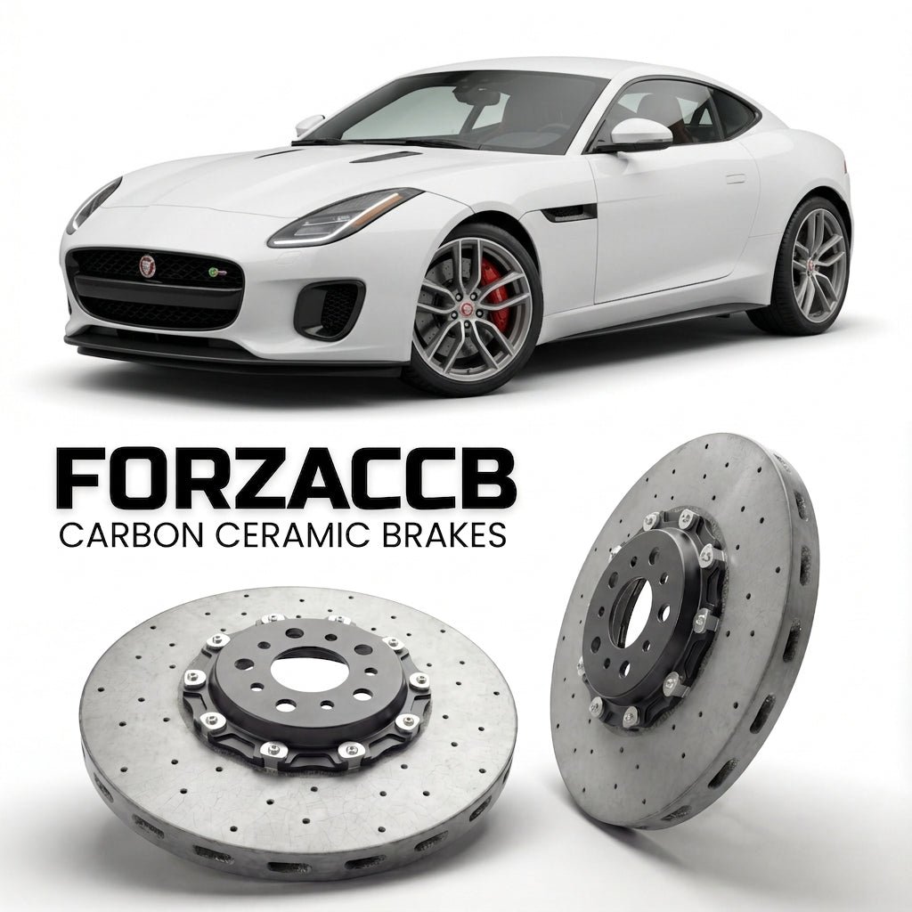 ForzaCCB direct OEM replacement carbon ceramic brake rotors for 2017-2020) Jaguar F-type Coupe (facelift 2017 models, shown with a white Jaguar F-type car.
