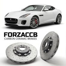 ForzaCCB direct OEM replacement carbon ceramic brake rotors for 2017-2020) Jaguar F-type Coupe (facelift 2017 models, shown with a white Jaguar F-type car.