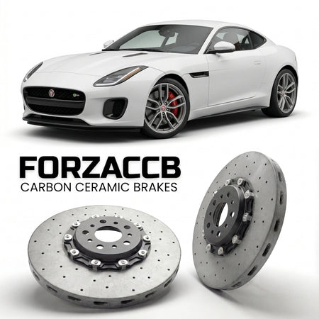 ForzaCCB direct OEM replacement carbon ceramic brake rotors for 2017-2020) Jaguar F-type Coupe (facelift 2017 models, shown with a white Jaguar F-type car.