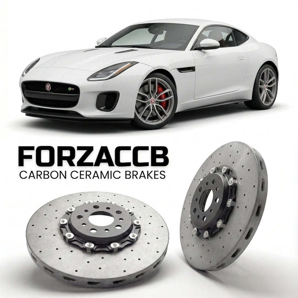ForzaCCB direct OEM replacement carbon ceramic brake rotors for 2017-2020) Jaguar F-type Coupe (facelift 2017 models, shown with a white Jaguar F-type car.