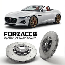ForzaCCB direct OEM replacement carbon ceramic brake rotors for 2019+) Jaguar F-type Convertible (facelift 2020 models, shown with a white Jaguar F-type car.