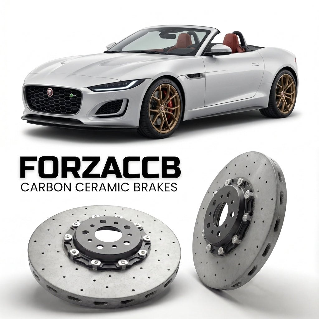 ForzaCCB direct OEM replacement carbon ceramic brake rotors for 2019+) Jaguar F-type Convertible (facelift 2020 models, shown with a white Jaguar F-type car.