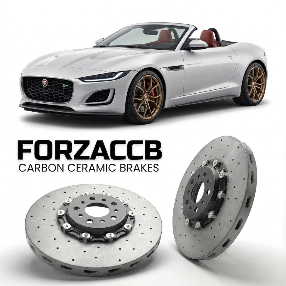ForzaCCB direct OEM replacement carbon ceramic brake rotors for 2019+) Jaguar F-type Convertible (facelift 2020 models, shown with a white Jaguar F-type car.