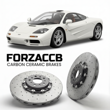 ForzaCCB direct OEM replacement carbon ceramic brake rotors for 1992 to 1998 McLaren F1 models, shown with a white McLaren F1 car.