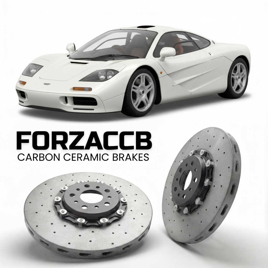 ForzaCCB direct OEM replacement carbon ceramic brake rotors for 1992 to 1998 McLaren F1 models, shown with a white McLaren F1 car.