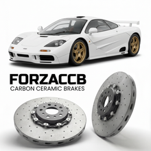 ForzaCCB direct OEM replacement carbon ceramic brake rotors for 1997 McLaren F1 GT models, shown with a white McLaren F1 GT car.