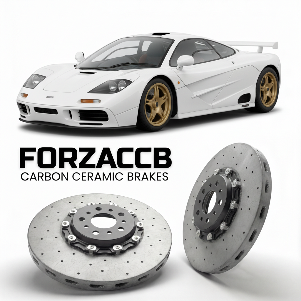 ForzaCCB direct OEM replacement carbon ceramic brake rotors for 1997 McLaren F1 GT models, shown with a white McLaren F1 GT car.