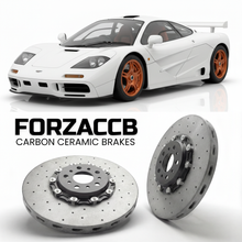 ForzaCCB direct OEM replacement carbon ceramic brake rotors for 1995 McLaren F1 LM models, shown with a white McLaren F1 LM car.