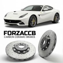 ForzaCCB direct OEM replacement carbon ceramic brake rotors for 2012 to 2017 Ferrari F12berlinetta models, shown with a white Ferrari F12berlinetta car.