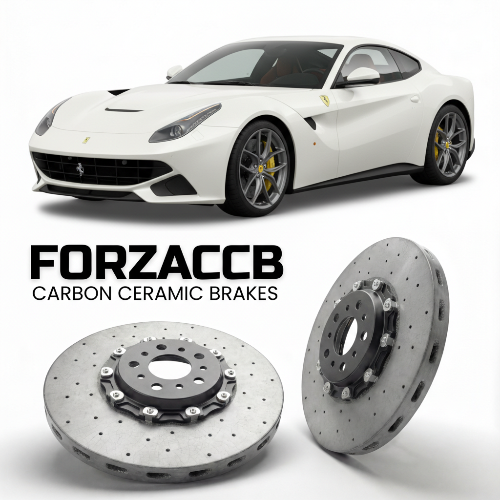 ForzaCCB direct OEM replacement carbon ceramic brake rotors for 2012 to 2017 Ferrari F12berlinetta models, shown with a white Ferrari F12berlinetta car.