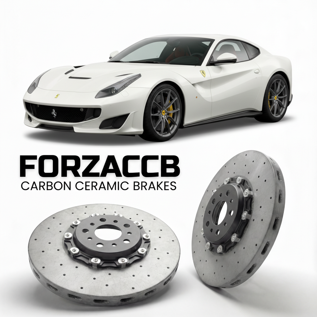 ForzaCCB direct OEM replacement carbon ceramic brake rotors for 2015 to 2017 Ferrari F12tdf models, shown with a white Ferrari F12tdf car.