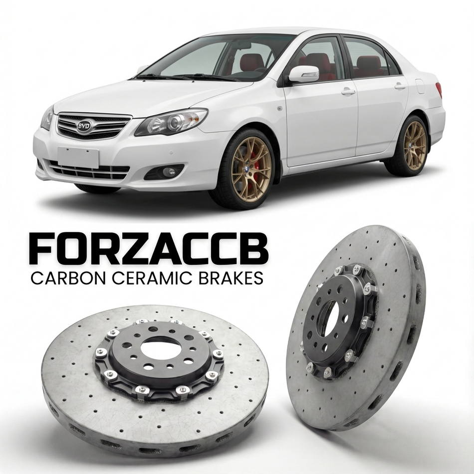 ForzaCCB direct OEM replacement carbon ceramic brake rotors for 2005 to 2013 BYD F3 models, shown with a white BYD F3 car.