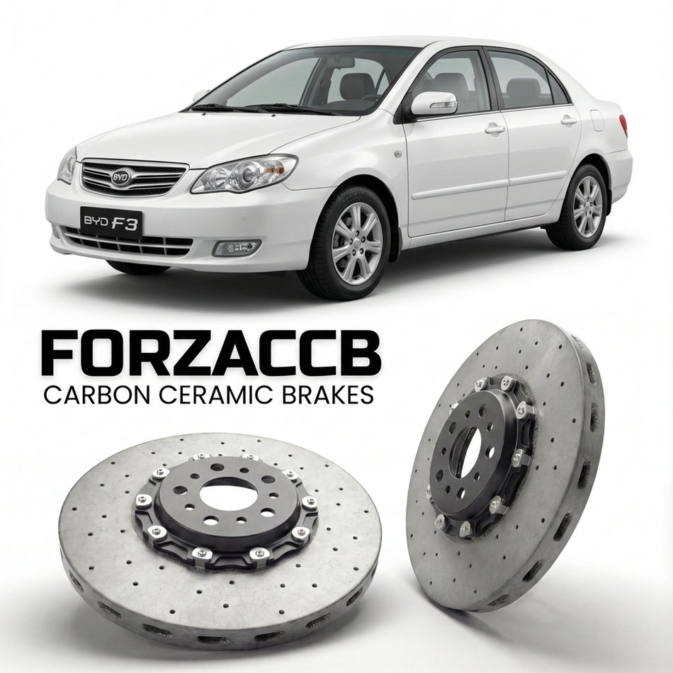 ForzaCCB direct OEM replacement carbon ceramic brake rotors for 2007 to 2013 BYD F3 R models, shown with a white BYD F3 car.