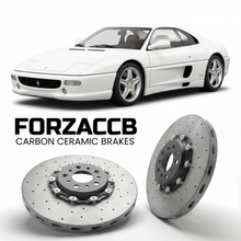 ForzaCCB direct OEM replacement carbon ceramic brake rotors for 1994 to 1999 Ferrari F355 Berlinetta models, shown with a white Ferrari F355 Berlinetta car.