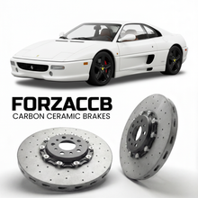 ForzaCCB direct OEM replacement carbon ceramic brake rotors for 1995 to 1999 Ferrari F355 GTS models, shown with a white Ferrari F355 GTS car.