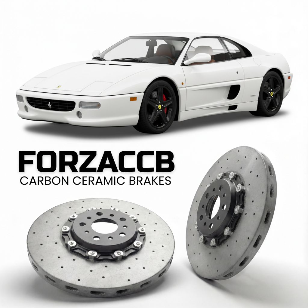 ForzaCCB direct OEM replacement carbon ceramic brake rotors for 1995 to 1999 Ferrari F355 GTS models, shown with a white Ferrari F355 GTS car.
