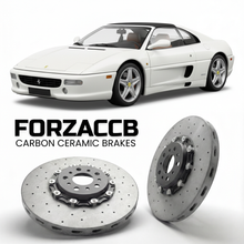 ForzaCCB direct OEM replacement carbon ceramic brake rotors for 1995 to 1999 Ferrari F355 Spider models, shown with a white Ferrari F355 Spider car.