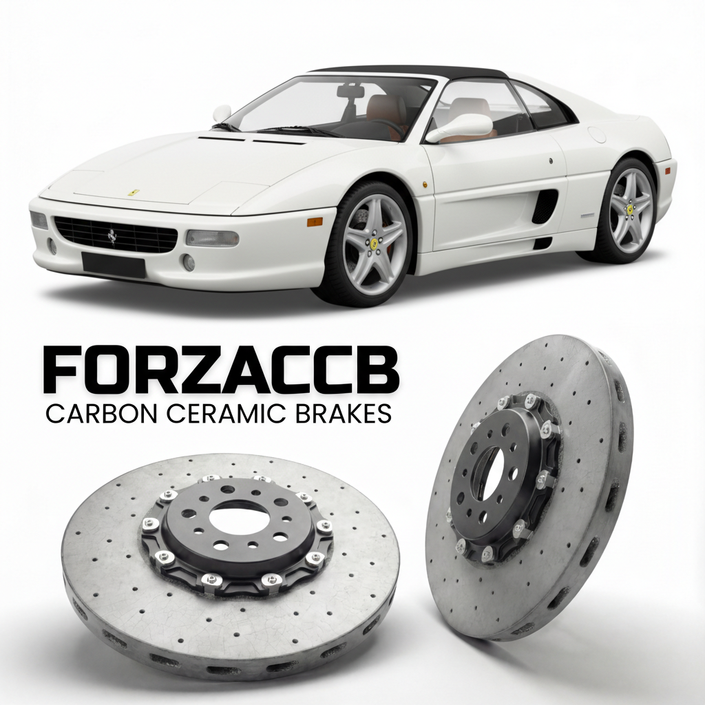 ForzaCCB direct OEM replacement carbon ceramic brake rotors for 1995 to 1999 Ferrari F355 Spider models, shown with a white Ferrari F355 Spider car.