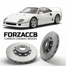 ForzaCCB direct OEM replacement carbon ceramic brake rotors for 1987 to 1992 Ferrari F40 models, shown with a white Ferrari F40 car.