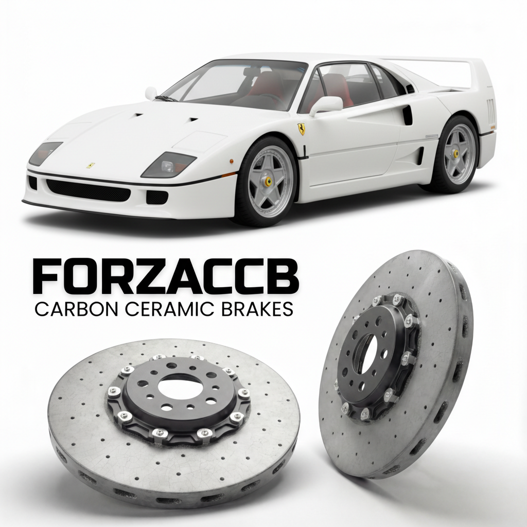 ForzaCCB direct OEM replacement carbon ceramic brake rotors for 1987 to 1992 Ferrari F40 models, shown with a white Ferrari F40 car.