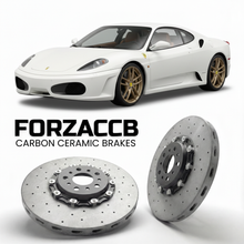 ForzaCCB direct OEM replacement carbon ceramic brake rotors for 2005 to 2009 Ferrari F430 models, shown with a white Ferrari F430 car.