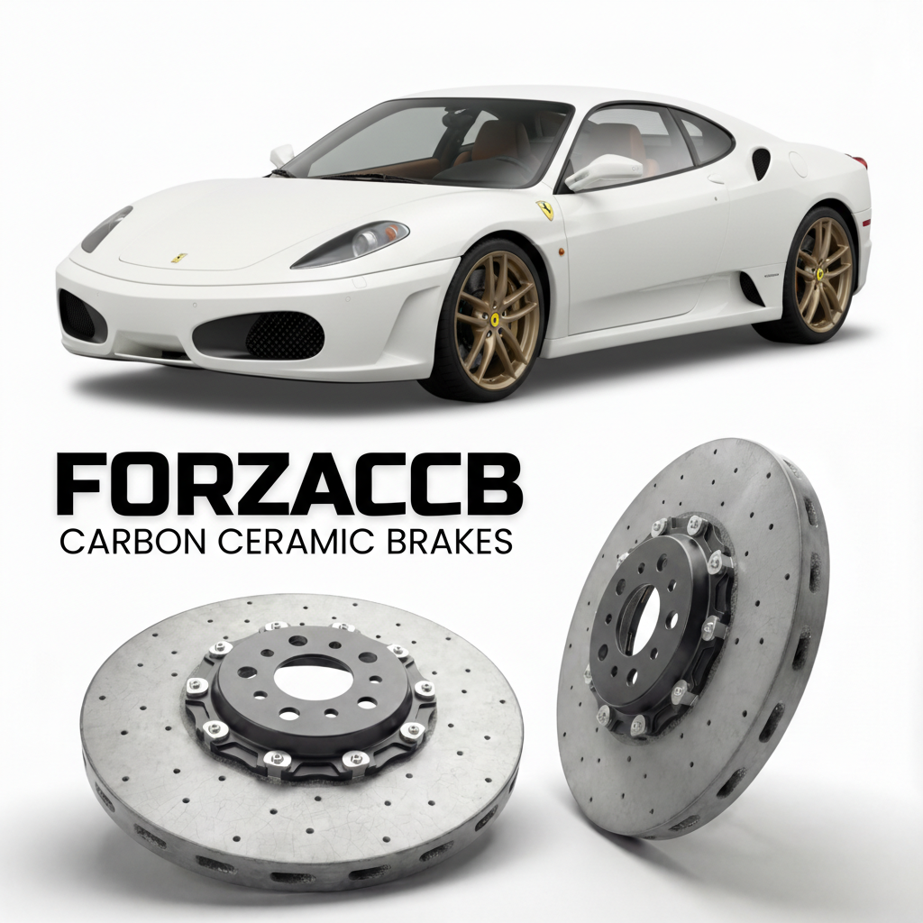 ForzaCCB direct OEM replacement carbon ceramic brake rotors for 2005 to 2009 Ferrari F430 models, shown with a white Ferrari F430 car.