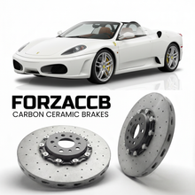 ForzaCCB direct OEM replacement carbon ceramic brake rotors for 2005 to 2009 Ferrari F430 Spider models, shown with a white Ferrari F430 Spider car.