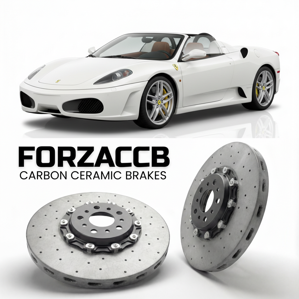 ForzaCCB direct OEM replacement carbon ceramic brake rotors for 2005 to 2009 Ferrari F430 Spider models, shown with a white Ferrari F430 Spider car.