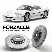 ForzaCCB direct OEM replacement carbon ceramic brake rotors for 1995 to 1997 Ferrari F50 models, shown with a white Ferrari F50 car.