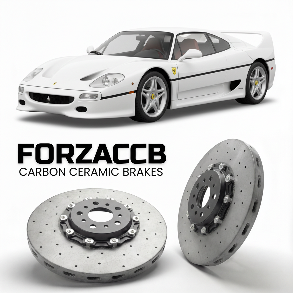 ForzaCCB direct OEM replacement carbon ceramic brake rotors for 1995 to 1997 Ferrari F50 models, shown with a white Ferrari F50 car.