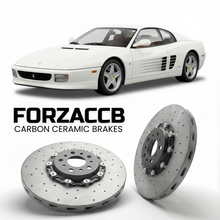 ForzaCCB direct OEM replacement carbon ceramic brake rotors for 1994 to 1996 Ferrari F512 M models, shown with a white Ferrari F512 M car.