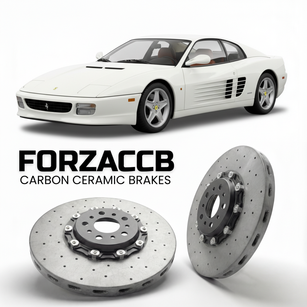 ForzaCCB direct OEM replacement carbon ceramic brake rotors for 1994 to 1996 Ferrari F512 M models, shown with a white Ferrari F512 M car.
