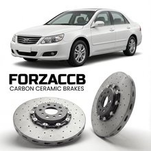 ForzaCCB direct OEM replacement carbon ceramic brake rotors for 2007 to 2012 BYD F6 models, shown with a white BYD F6 car.