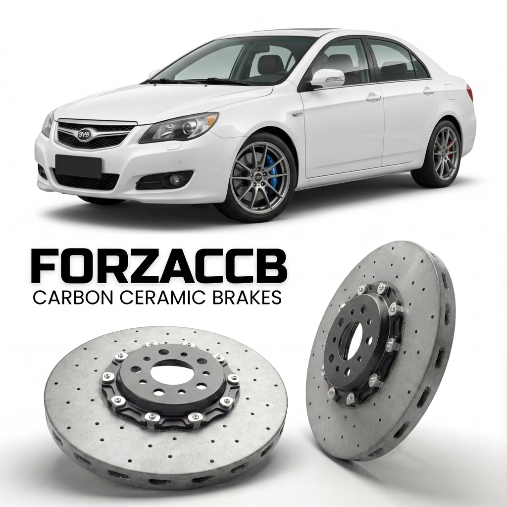 ForzaCCB direct OEM replacement carbon ceramic brake rotors for 2009 to 2010 BYD F8 models, shown with a white BYD F8 car.