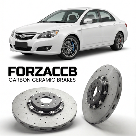 ForzaCCB direct OEM replacement carbon ceramic brake rotors for 2009 to 2010 BYD F8 models, shown with a white BYD F8 car.