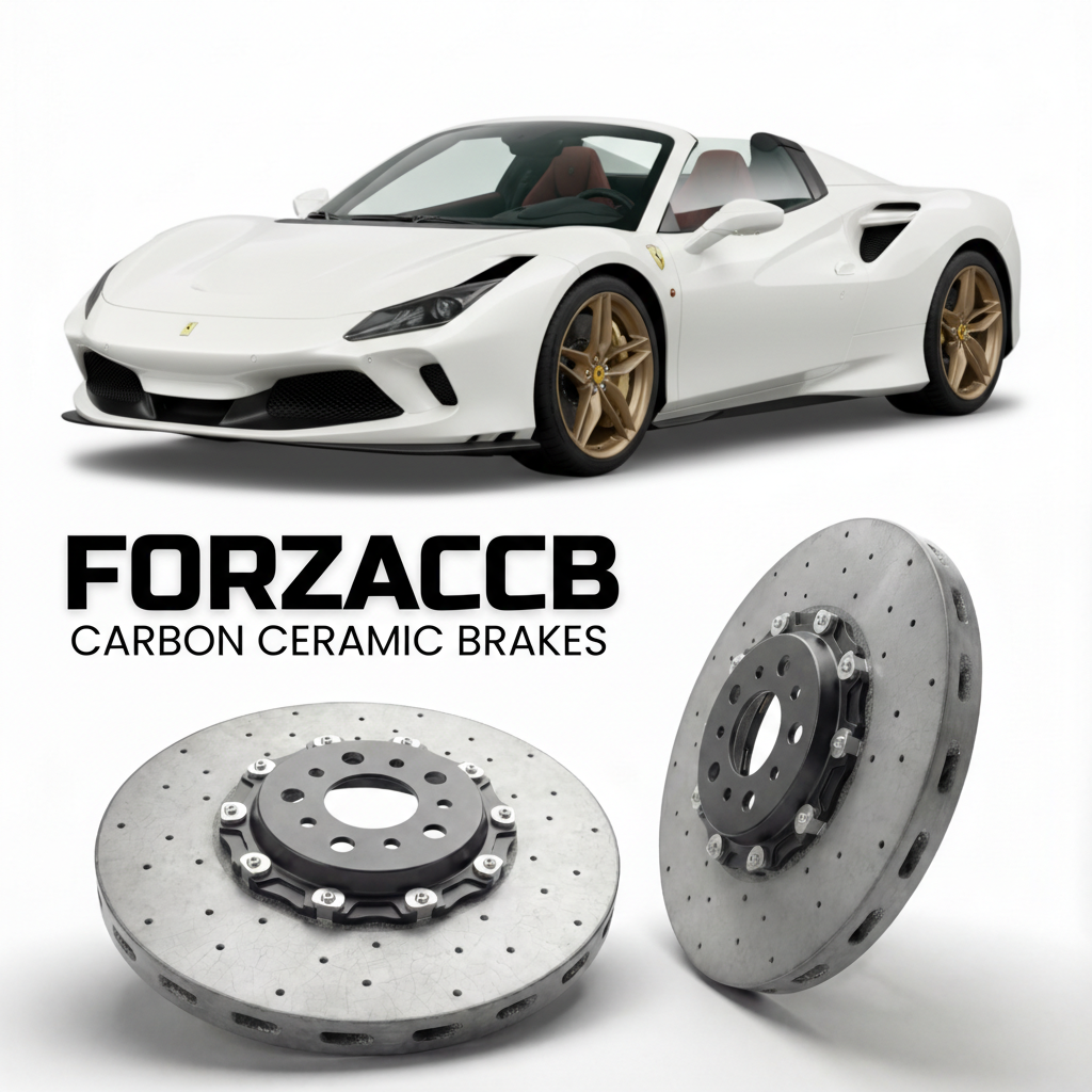 ForzaCCB direct OEM replacement carbon ceramic brake rotors for 2020 to 2022 Ferrari F8 Spider models, shown with a white Ferrari F8 Spider car.