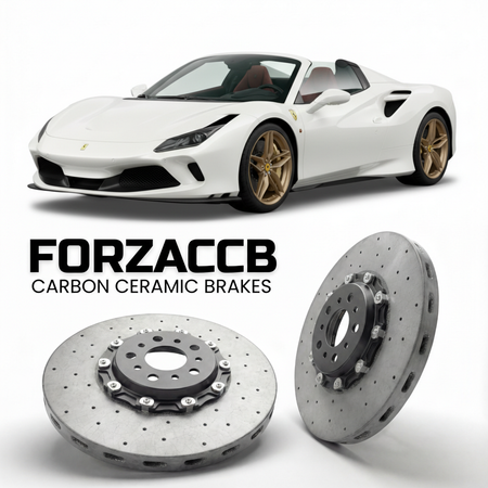 ForzaCCB direct OEM replacement carbon ceramic brake rotors for 2020 to 2022 Ferrari F8 Spider models, shown with a white Ferrari F8 Spider car.