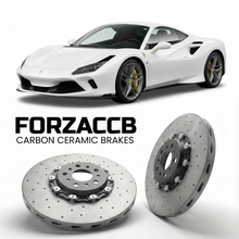 ForzaCCB direct OEM replacement carbon ceramic brake rotors for 2019 to 2022 Ferrari F8 Tributo models, shown with a white Ferrari F8 Tributo car.