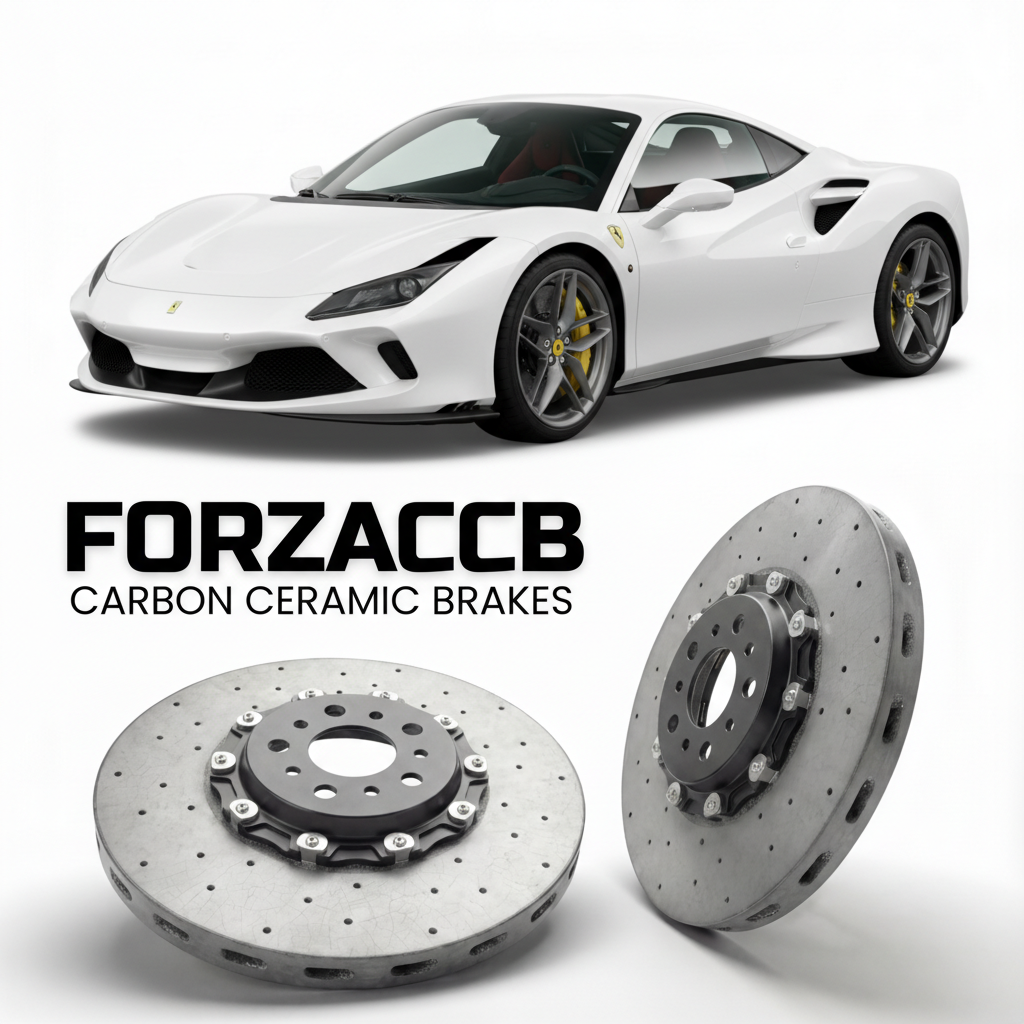 ForzaCCB direct OEM replacement carbon ceramic brake rotors for 2019 to 2022 Ferrari F8 Tributo models, shown with a white Ferrari F8 Tributo car.