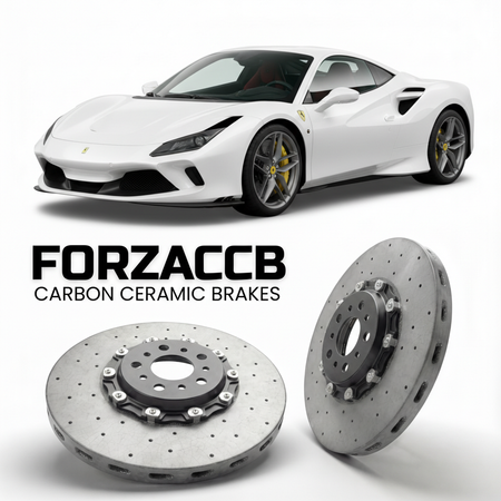 ForzaCCB direct OEM replacement carbon ceramic brake rotors for 2019 to 2022 Ferrari F8 Tributo models, shown with a white Ferrari F8 Tributo car.
