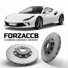 ForzaCCB direct OEM replacement carbon ceramic brake rotors for 2024 and newer Ferrari F80 models, shown with a white Ferrari F80 car.